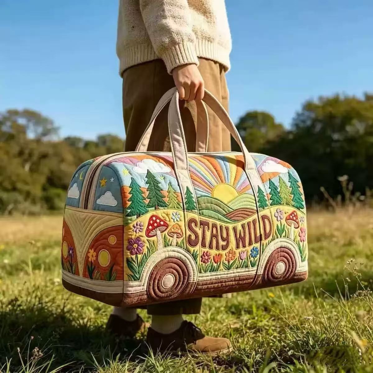 Outdoor Adventure Kit - Vintage Karavan Desenli Kapitone Seyahat Çantası